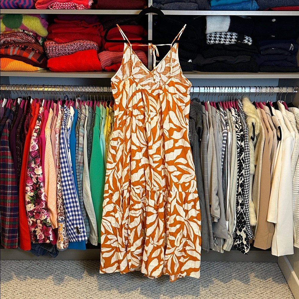 H&M orange/white print v neck tie back sleeveless tiered midi dress M - Picture 3 of 4